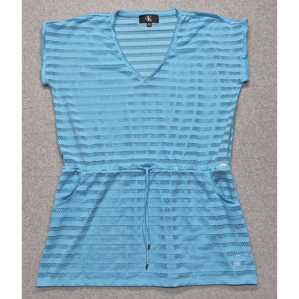 Calvin Klein Womens 2XL Blue Sheer Burnout V-Neck Drawstring Swim Cover Up Tunic